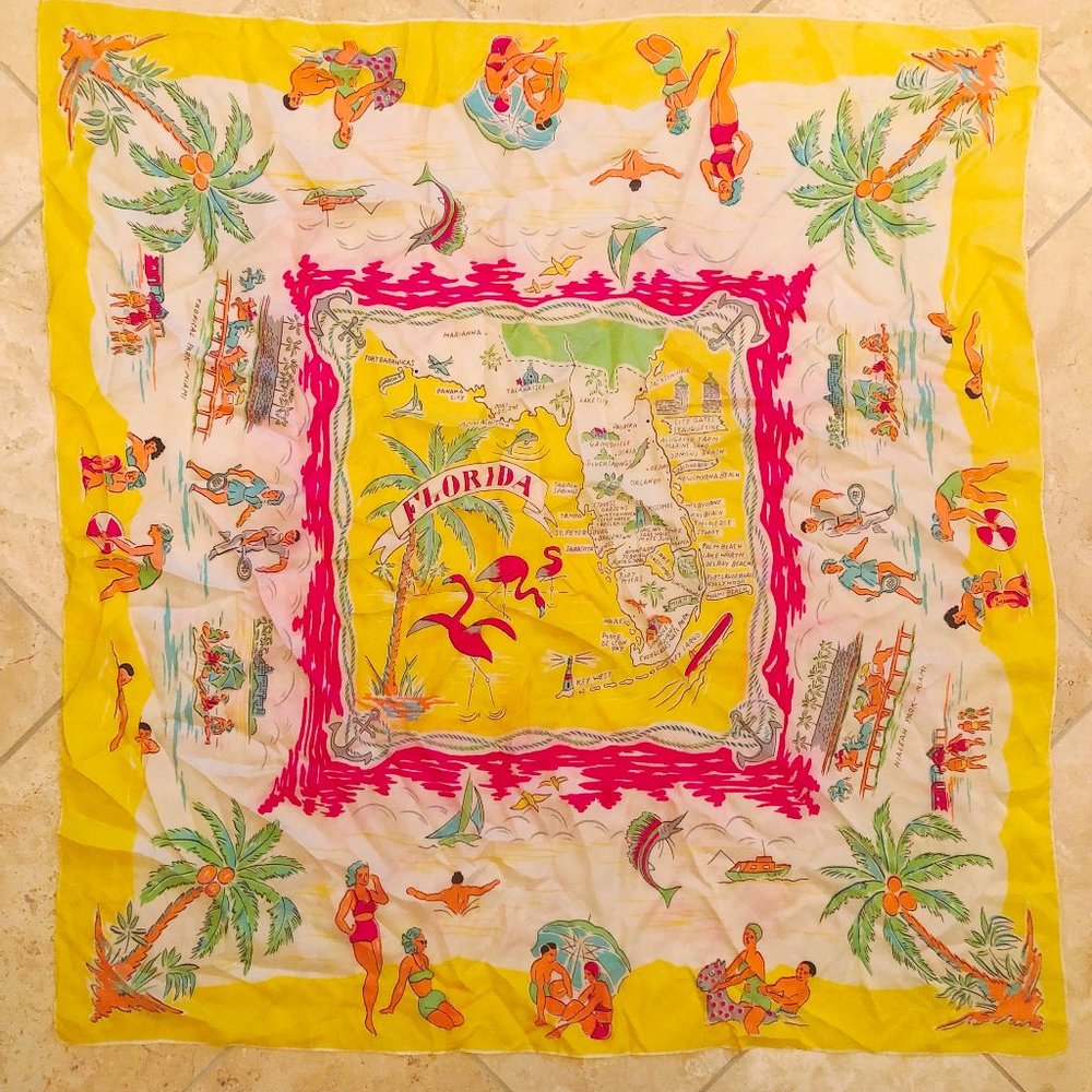 Vintage Florida '60s Tourist Souvenir Silk Scarf Map Recreation Horse Racing EUC